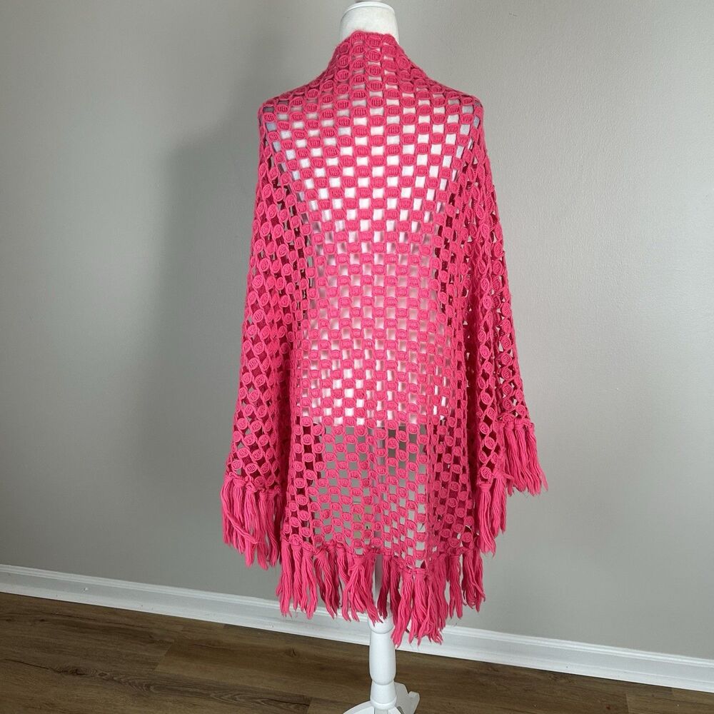 Magenta Pink Crochet Knit Fringe Poncho Wrap Festival OS Shawl Barbie Coquette